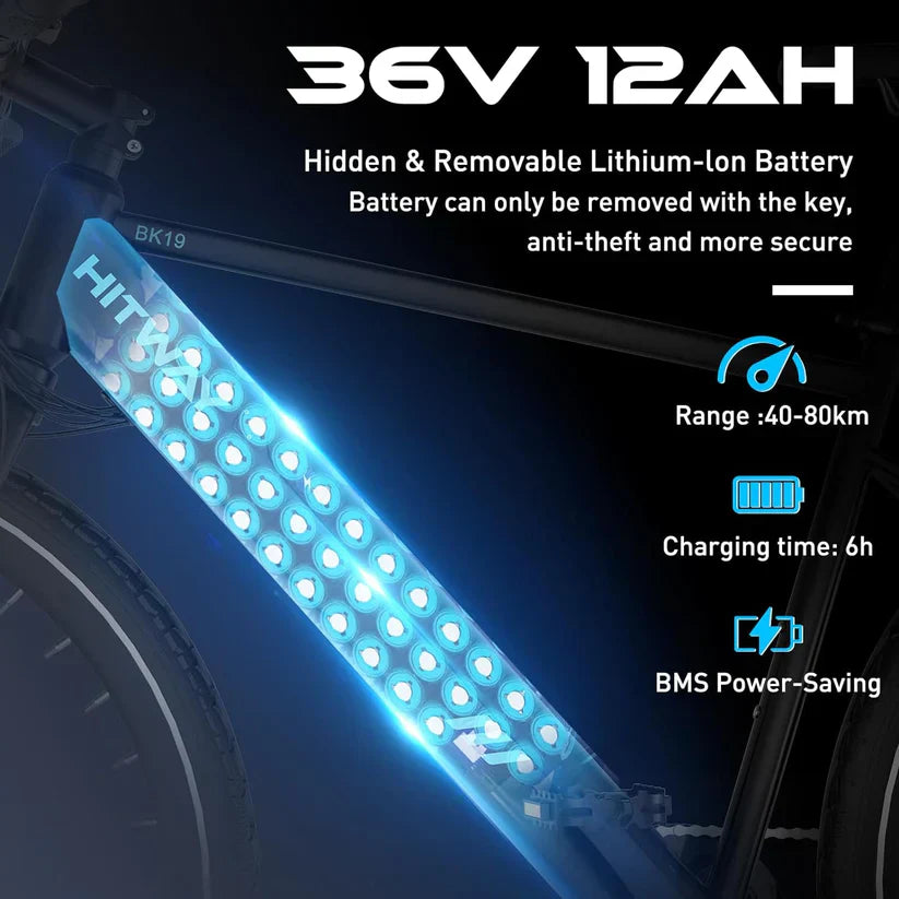 HITWAY BK19 Best Electric Mountain Bike | 12Ah | 75miles | 15.5Mph - Black/White/SkyBlue