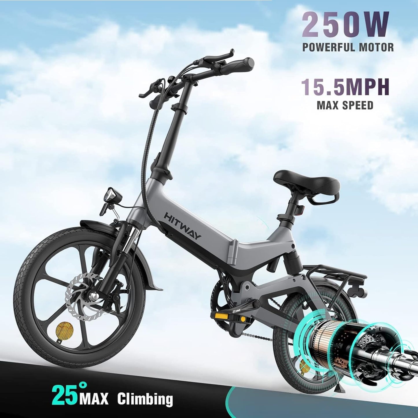 BK2 Hitway Folding Electric Bike | 7.8Ah | 31 miles | 15.5 Mph - Grey / Black Green